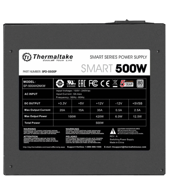 FUENTE GAMER THERMALTAKE SMART WHITE 500W 80 PLUS