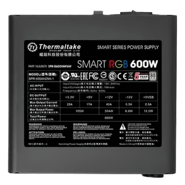FUENTE GAMER THERMALTAKE SMART RGB 600W 80 PLUS