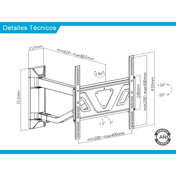 4576-3.png SOPORTE INTELAID EXTENSIBLE 803MM CARGA 50KG IT-TB70